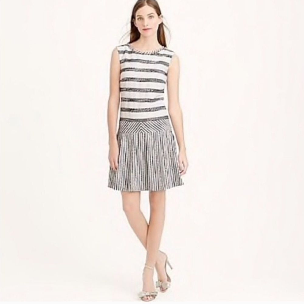 J. Crew Tweed Drop Waist Flounce Sleeveless Dress Black White Striped Sz 2